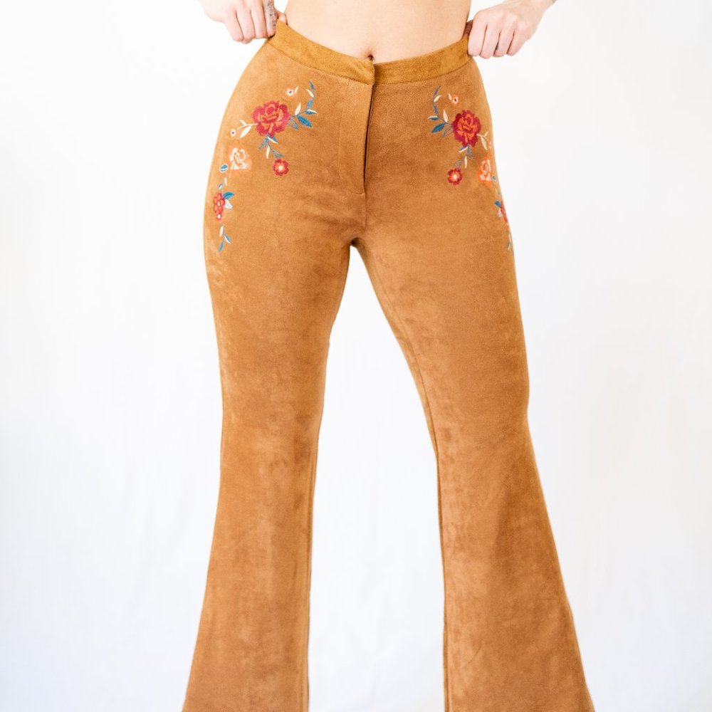 Hippie Suede Flare Pants with Embroidered Flowers